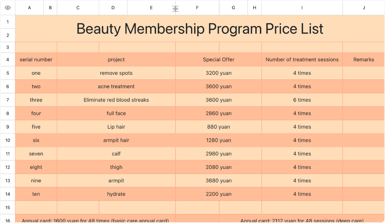 Beauty Membership Program Price List